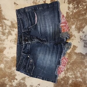 Dark Denim Jean Sort Shorts With Red Paisley/bandana Pockets. Size: 30